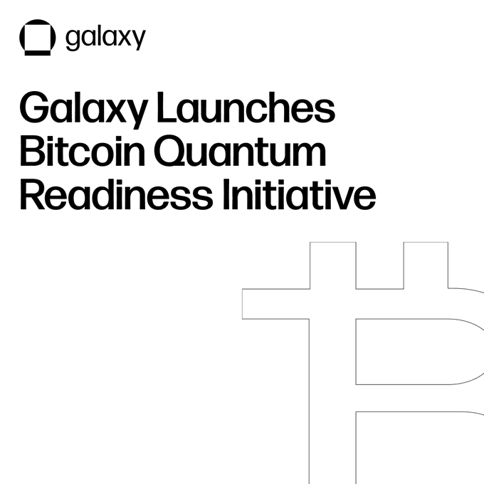 The image is a minimalist graphic featuring the Galaxy logo at the top left and the headline "Galaxy Launches Bitcoin Quantum Readiness Initiative" in bold black text, with a faint outline of the Bitcoin "₿" symbol visible on the right side. The graphic aligns with the announcement about Galaxy proactively addressing potential future threats to Bitcoin's security from quantum computing.