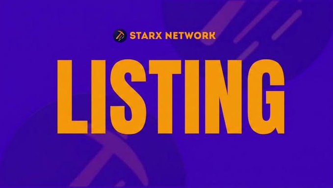 The image displays a bold "LISTING" graphic with the "STARX NETWORK" logo, promoting the potential Binance listing of the $STRX token featured in the accompanying prediction poll.