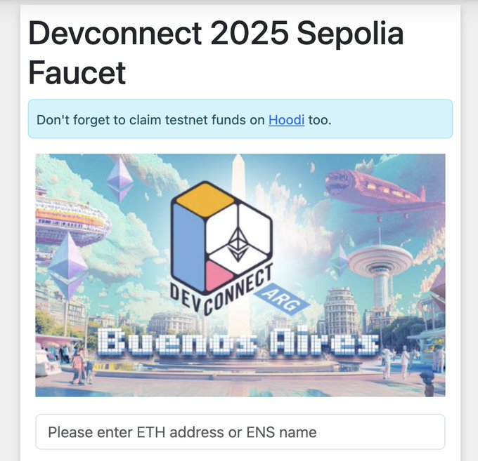 A webpage titled "Devconnect 2025 Sepolia Faucet" featuring a colorful illustration of Buenos Aires with the Devconnect ARG logo, prompting users to enter their ETH address or ENS name.
