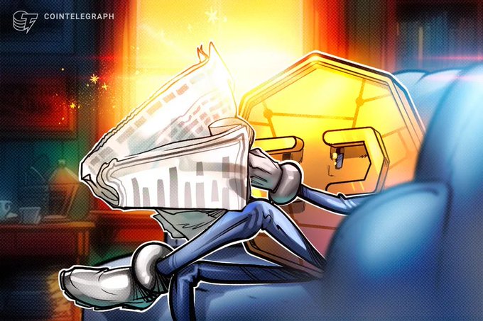 A Cointelegraph cartoon illustration of an anthropomorphic newspaper character with a chart pattern sitting in a chair next to a glowing hexagonal coin.