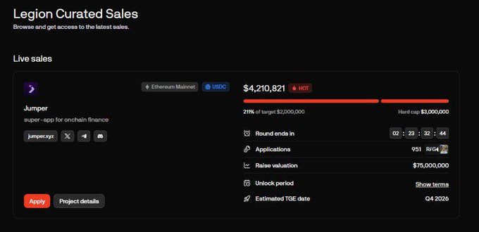 A webpage for "Legion Curated Sales" displays a token sale for "Jumper," a super-app for onchain finance, showing Ethereum Mainnet, USDC, and a target raise of $20,000,000 with $4,210,821 currently raised.