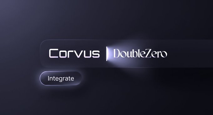 The same dark digital interface displaying the text 'Corvus | DoubleZero' with an 'Integrate' button below it.