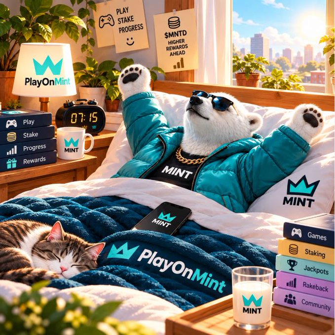 An AI-generated promotional image for "PlayOnMint" shows an anthropomorphic polar bear wearing sunglasses and a teal "MINT" jacket lounging in bed next to a sleeping cat, surrounded by branded merchandise and menu items like Games, Staking, and Jackpots.