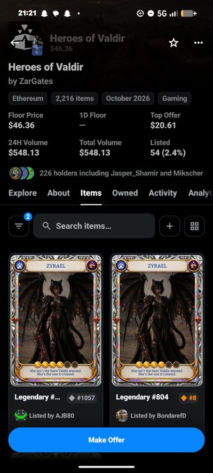 A mobile screenshot of an NFT marketplace listing for 'Heroes of Valdir' collection by ZarGates, showing details like Floor Price $46.36, 24H Volume $548.13, and two 'ZYRAEL' Legendary cards for sale.