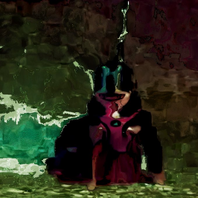 A blurry, dark figure with an elongated head stands in a dimly lit, eerie setting with green and red hues, creating a haunting, unsettling atmosphere that matches the post's shocked exclamation "_oh my goodness_." The shadowy, indistinct form of the figure enhances the eerie mood conveyed by the caption.