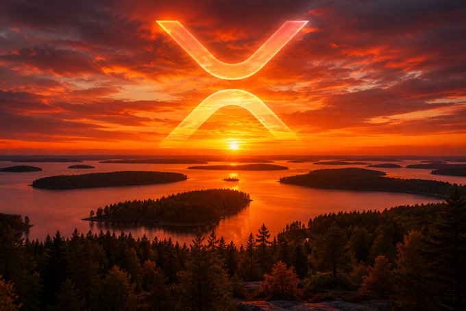 A glowing XRP (Ripple) logo is superimposed over a vibrant sunset scene featuring islands and a forest landscape.