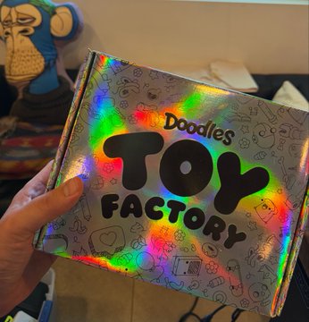A person holds a holographic, silver package with black text reading 'Doodles TOY FACTORY' covered in small icons.