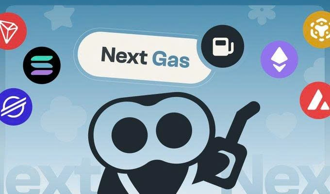 A graphic featuring a cartoon ghost character with the text 'Next Gas' surrounded by various cryptocurrency logos including TRON, Solana, BNB, and Ethereum.