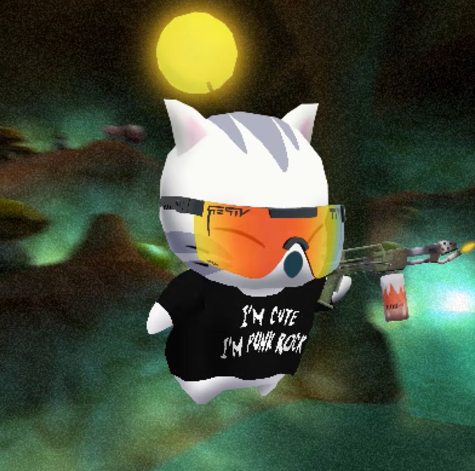 A 3D-rendered cartoon cat with ski goggles and a 'I'M CUTE I'M PUNK ROCK' shirt holds a futuristic gun, with a yellow moon in the dark background.