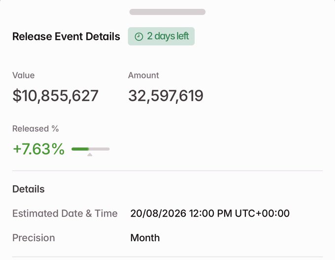 A screen showing "Release Event Details" with 2 days left, a value of $10,855,627, an amount of 32,597,619, and a released percentage of +7.63%.