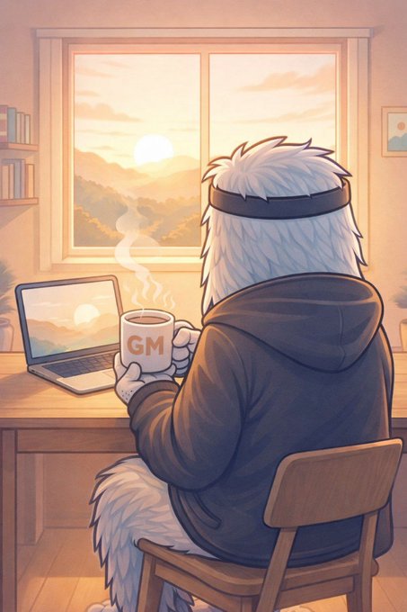 An anime-style illustration of a white-haired, furry character sitting at a desk, holding a steaming mug labeled 'GM' while looking out a window at a sunrise over mountains, with a laptop open beside them.