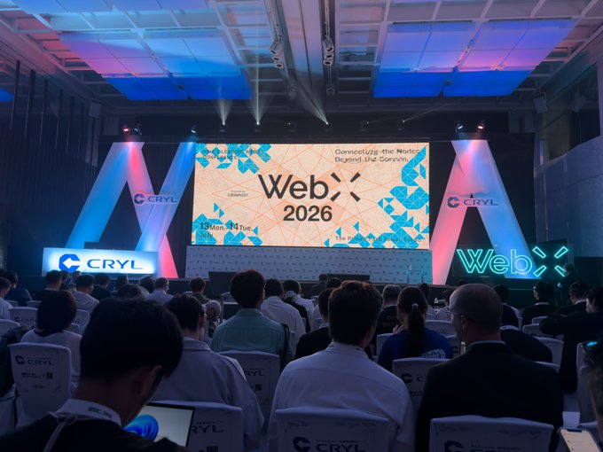 A packed conference hall opens for "WebX 2026" on Monday, March 14, with the main stage displaying the tagline "Connecting the World's, Beyond the Common" and "CRYL" branding, fitting the post's description of an energetic first day covering Web3, AI, RWA, stablecoins, and Bitcoin.