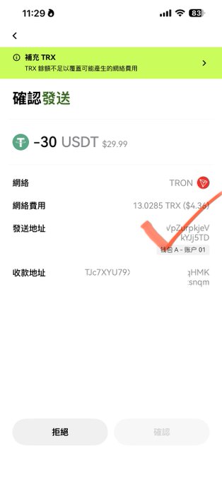 The image shows a confirmation screen for sending -30 USDT ($29.99) via the TRON (TRC20) network with a fee of 13.0285 TRX ($4.36), displaying sender and recipient wallet addresses. This relates to the post by illustrating the TRC20 USDT transfer process, which the commenter compares to choosing Toyota cars—suggesting TRON chain users have their own practical reasons for preferring it despite the network fee.