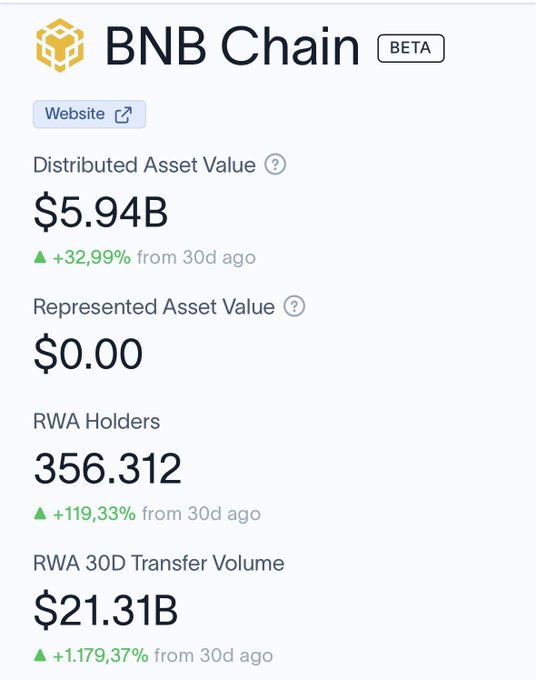 The image displays a dashboard for BNB Chain (Beta) showcasing key Real World Asset (RWA) metrics: a Distributed Asset Value of $5.94B (+32.99%), Represented Asset Value of $0.00, 356,312 RWA Holders (+119.33%), and a 30D Transfer Volume of $21.31B (+1,179.37%). The data visually reinforces the post's message of rapidly accelerating RWA activity on BNB Chain, with all major metrics showing substantial 30-day growth.
