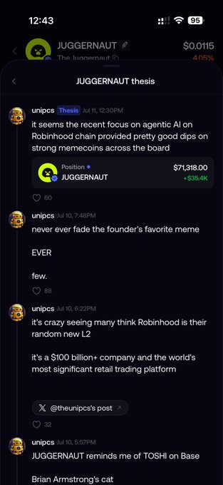A Discord thread from "unipcs" discusses the memecoin JUGGERNAUT on Robinhood, highlighting its $71,318.00 position with +$35.4K gains and drawing comparisons to Toshi on Base, tying into the post about "bonkguy" secretly accumulating the token.