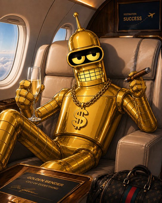 An AI-generated image of a golden robot character called 'Golden Bender, CEO of Everything,' lounging in a private jet, smoking a cigar and holding champagne, with a 'Destination: Success' screen and a Louis Vuitton bag visible.