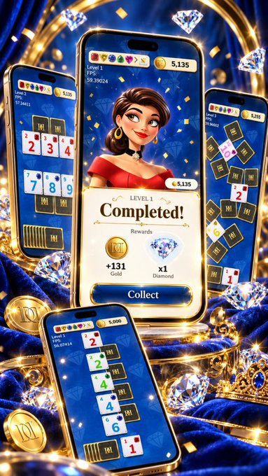 A promotional display for "Diamond Jewels Solitaire" shows multiple phone screens featuring gameplay with "+131 Gold" and "x1 Diamond" rewards after completing Level 1, set against a luxurious backdrop of blue velvet, scattered diamonds, and golden coins alongside an illustrated woman character.