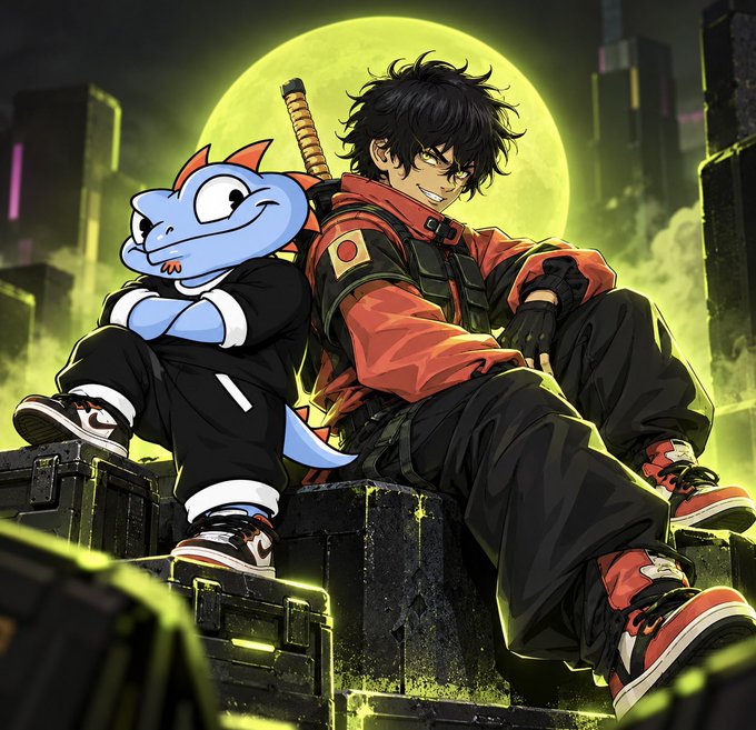 An anime-style duo—a sword-wielding character in red and a blue dragon-like companion—pose on crates beneath a glowing green moon. The post connects their Kageuri/NFT launch to Robinhood, highlighting 4,444 supply, 9% of secondary sales going to the guild, 90% of royalties to holders, and an exclusive launch through RobinWifHat by crypto_czar_eth.