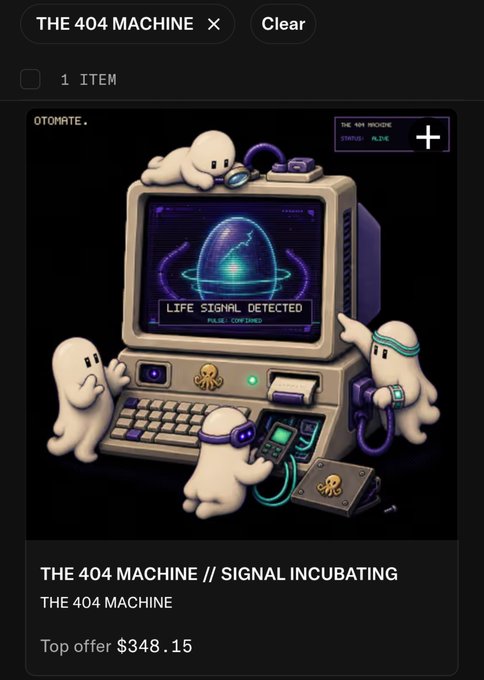 An NFT marketplace listing for 'THE 404 MACHINE // SIGNAL INCUBATING' featuring retro-futuristic 3D art of ghosts around a computer detecting a life signal, with a top offer of $348.15.