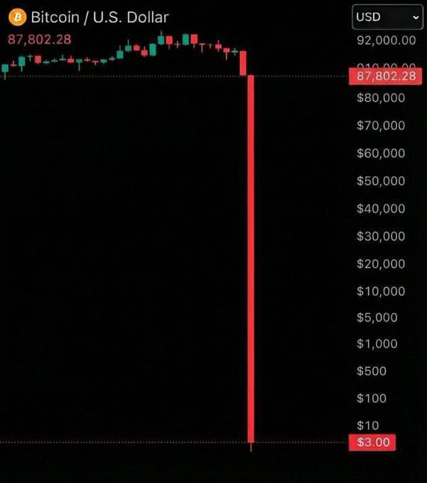 A humorous Bitcoin price chart showing the cryptocurrency plummeting from $87,802.28 down to $3.00 in a dramatic vertical red candle.