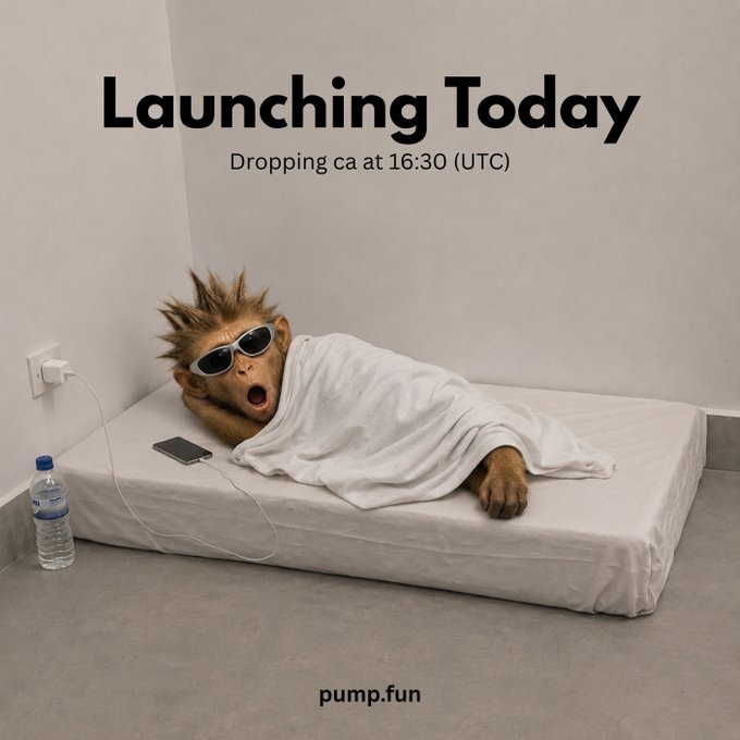 A monkey wearing sunglasses yawns under a blanket on a mattress with text reading "Launching Today, Dropping ca at 16:30 (UTC)" and "pump.fun" at the bottom — promoting the $mokko token launch announcement.