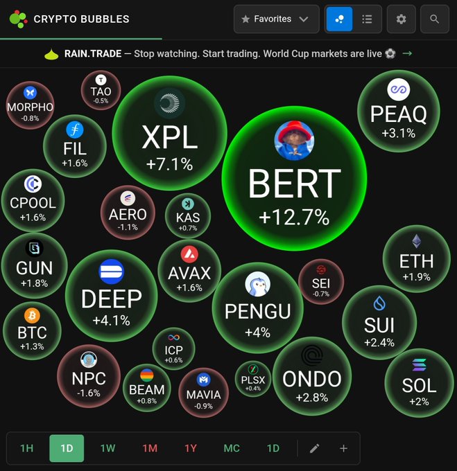 Crypto Bubbles app screenshot displaying various cryptocurrencies as colored bubbles with 24-hour price changes, with BERT (+12.7%) and XPL (+7.1%) among the largest green bubbles.