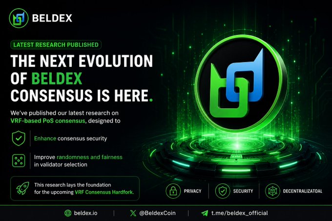 A promotional graphic for BELDEX cryptocurrency announcing 'THE NEXT EVOLUTION OF BELDEX CONSENSUS IS HERE' with research on VRF-based PoS consensus, accompanied by the beldex.io website and social media handles.