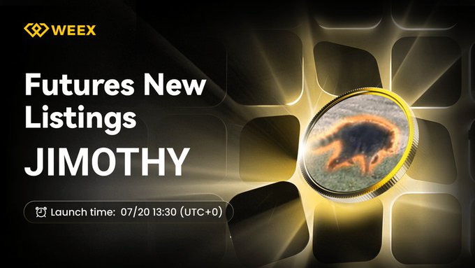 WEEX promotional graphic announcing a new futures listing for JIMOTHY, scheduled to launch on 07/20 at 13:30 (UTC+0), featuring the WEEX logo alongside a gold coin displaying an image of a small animal.