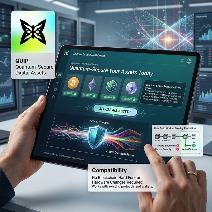 A promotional graphic for "QUIP: Quantum-Secure Digital Assets" showing a tablet displaying a "Secure Assets Dashboard" with crypto and NFT security features, highlighting "Quantum-Secure Your Assets Today" and noting "No Blockchain Hard Fork or Hardware Changes Required".