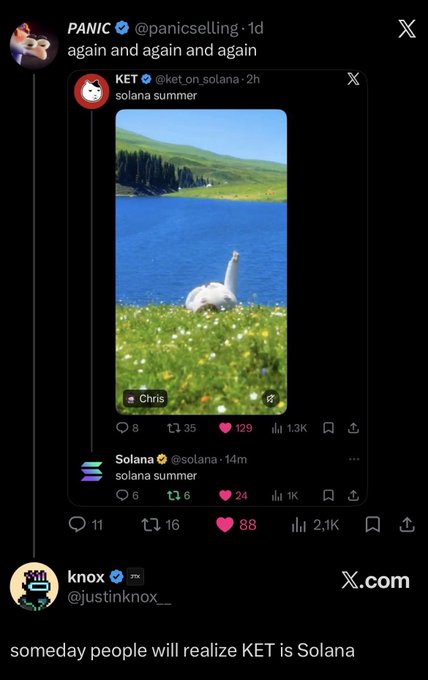 A Twitter/X post by PANIC (@panicselling) commenting 'again and again and again' on a thread where KET and Solana both post 'solana summer', followed by a tweet from knox (@justinknox__) stating 'someday people will realize KET is Solana'.