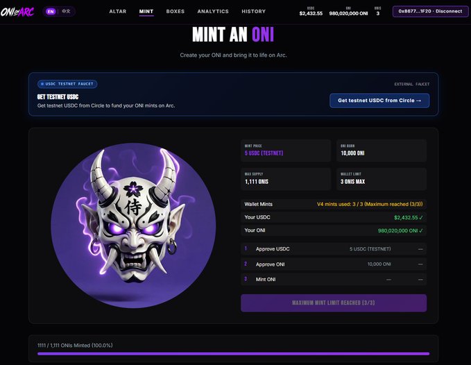 The screenshot shows the ONI minting page on ONeARC displaying "MINT AN ONI" with the testnet fully minted at 1,111/1,111 ONIs (100.0%) and a "MAXIMUM MINT LIMIT REACHED (3/3)" notification, corresponding to the celebratory post about the testnet selling out.