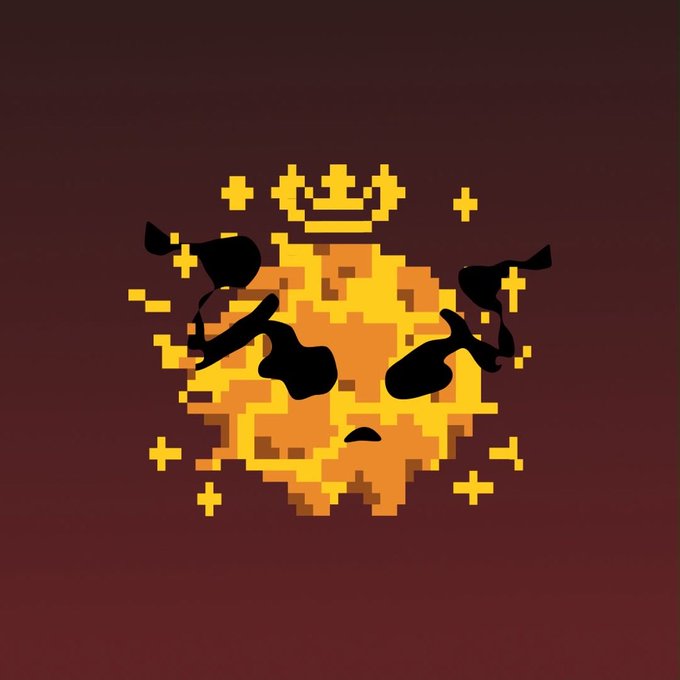 A pixel art illustration featuring a stylized, fiery orange and yellow lion-like face with black dripping accents and a small crown on top, set against a dark maroon background.