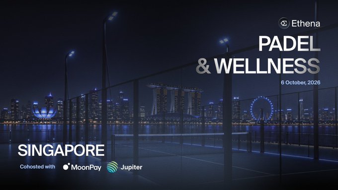 Promotional graphic for "PADEL & WELLNESS" Singapore, hosted by EΞhena on 6 October 2026 ahead of @token2049, with the Singapore Marina Bay skyline at night visible behind a padel court fence, cohosted with MoonPay and Jupiter.