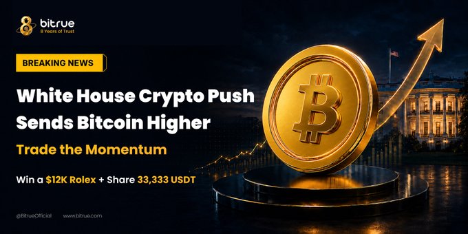 A Bitrue promotional banner titled "BREAKING NEWS: White House Crypto Push Sends Bitcoin Higher" features a gold Bitcoin coin with an upward arrow beside the U.S. White House, advertising a chance to "Win a $12K Rolex + Share 33,333 USDT" and "Trade the Momentum"—visually reinforcing the post's message about Bitcoin's surge past $71K and renewed bullish sentiment.