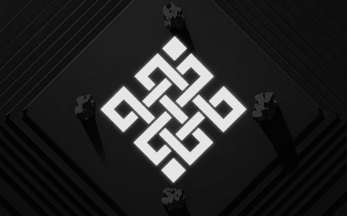 A geometric white logo on a black background with dark crystals arranged at the corners.