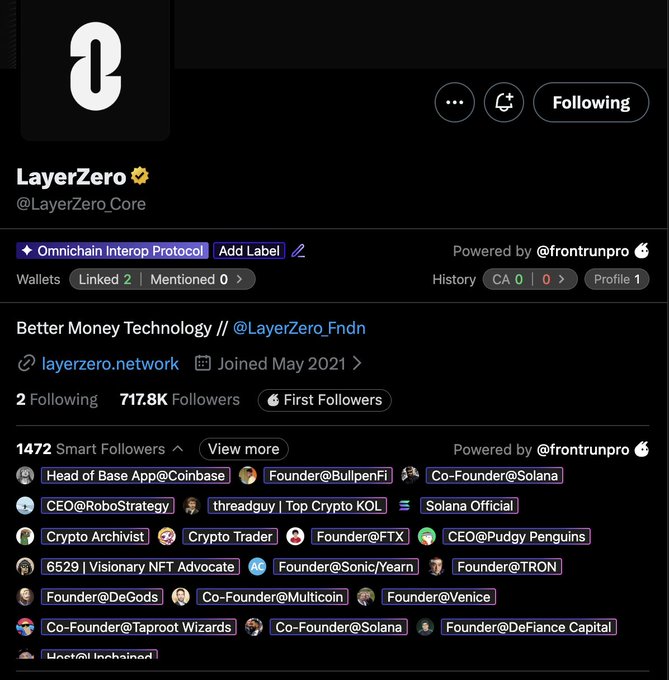 A Twitter/X profile page for LayerZero (@LayerZero_Core), an Omnichain Interop Protocol, showing 717.8K followers and a list of notable Smart Followers including founders of Base, Solana, and FTX.