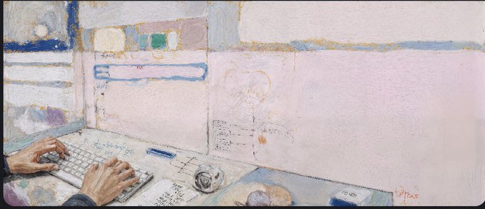 A watercolor-style painting shows hands typing on a keyboard at a desk, with sketches of art inscribed on a large panel to the right, signed "DYPtX" in red—evoking the creative process of producing Bitcoin Ordinal art pieces like those by @artifishalart and @itsdonnyok featured in the post.