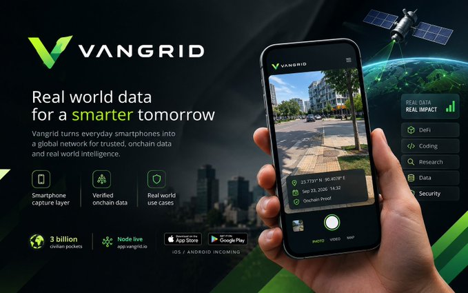 An advertisement for 'VANGRID' stating 'Real world data for a smarter tomorrow' and 'Vangrid turns every smartphones into a global network for trusted, onchain data and real world intelligence.', showing a hand holding a smartphone displaying a street view, with app store availability and '3 billion civilian pockets' noted.