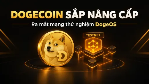 A promotional graphic with text 'DOGECOIN SẮP NÂNG CẤP' and 'Ra mắt mạng thử nghiệm DogeOS' featuring a golden Dogecoin coin with the Shiba Inu dog and a 'TESTNET' label.