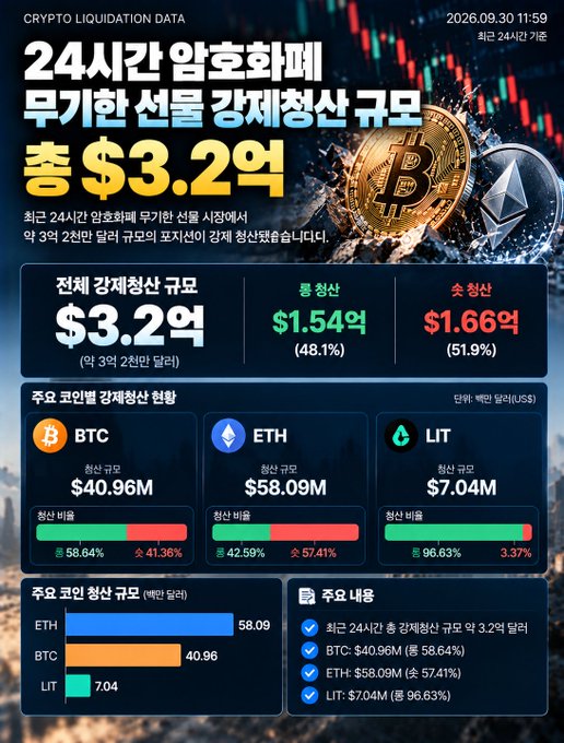 An infographic titled 'CRYPTO LIQUIDATION DATA' displays 24-hour liquidation scale totaling $3.2B (about 3.2 trillion won), showing BTC at $40.96M (58.64% long), ETH at $58.09M (57.41% short), and LIT at $7.04M (96.63% long), dated 2026.09.30.