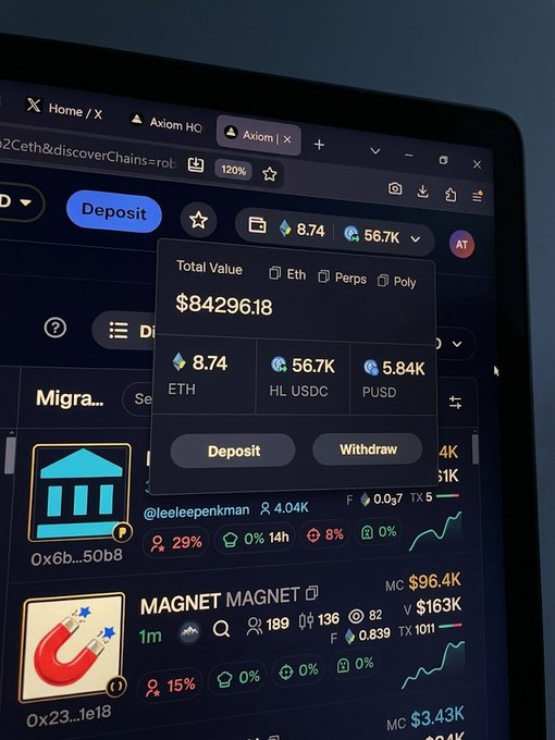 A close-up photograph of a computer monitor displaying a dark-themed cryptocurrency trading interface, showing a total value of "$84296.18" with asset balances for ETH, HL USDC, and PUSD, alongside tokens like "MAGNET MAGNET" with address "0x23...1e18".