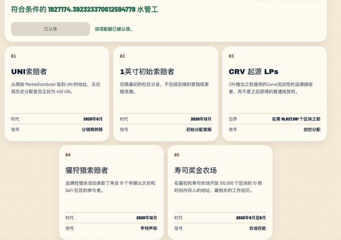 A webpage displaying crypto airdrop eligibility for wallet 1827174.392323370612594778 with five quest categories: UNI Sniper (2020/8), 1 Inch Initial Sniper (2020/12), CRV Genesis LPs (before block 18,627,591), Yearn Vault Sniper (2020/12), and SushiSwap Farm (2020/9-11), all marked as claimed.