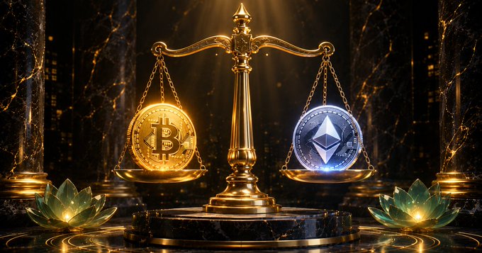 A golden balance scale weighing a Bitcoin coin against an Ethereum coin, symbolizing the comparison of digital assets as defined under Vietnam's 2025 Law on Digital Technology Industry, Article 46.