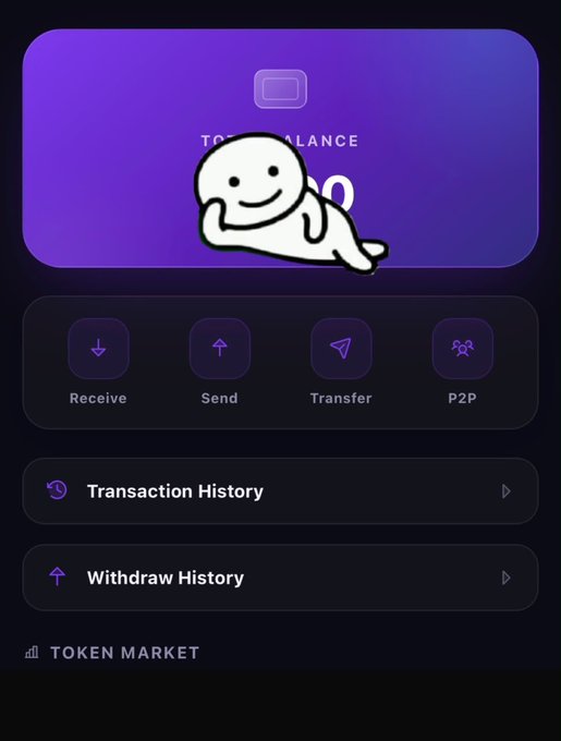 A digital wallet interface showing a token balance with options for Receive, Send, Transfer, and P2P, featuring a cartoon character overlay.
