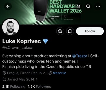The image shows a Twitter profile page for a man named Luke Koprivedc. The profile has a green background, black text, and a white circle with a green border around it. The profile also contains a link to a post on the same page that reads "Everything about product marketing at @Trezor I Self-custody maximi who loves tech and memes ( Finnish pelle living in the Czech Republic since 2016." This post is from a user named @Trezor, and it seems to be directed towards Luke Koprivedc. The account has been blocked by multiple users, including @nikitabier, suggesting that this profile might not belong on Twitter due to inappropriate content or behavior.