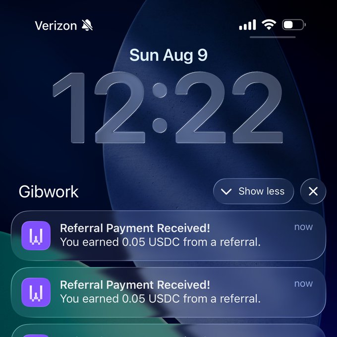 An iPhone lock screen showing the time 12:22 on Sun Aug 9 with Verizon service, displaying two notifications from 'Gibwork' stating 'Referral Payment Received! You earned 0.05 USDC from a referral.'