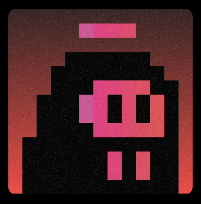 A pixel art graphic of a pink and black ghostly or skeletal character with large square eyes against a red-orange gradient background with a grainy texture.