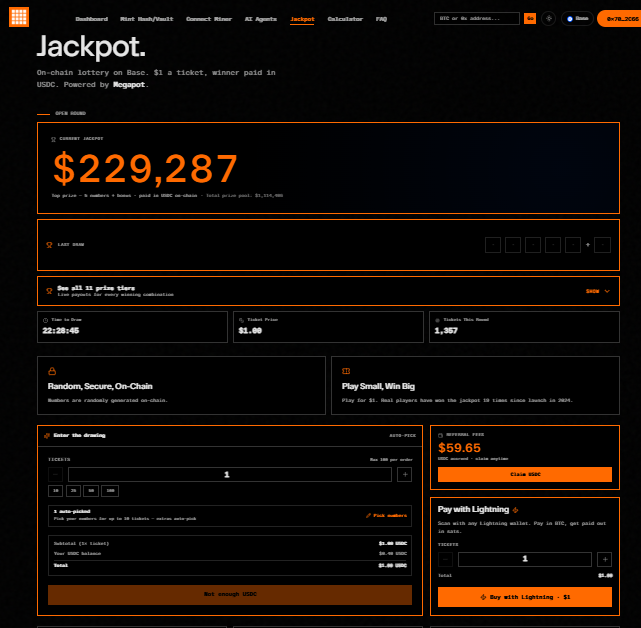 A screenshot of the Jackpot website, an on-chain lottery on Base powered by Megapot, showing a current jackpot of $229,287 in USDC.
