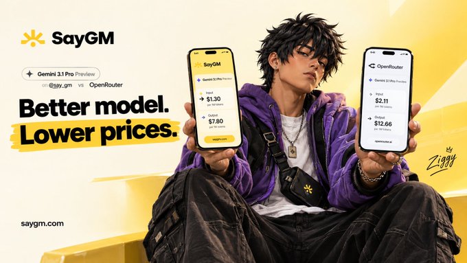 An advertisement for SayGM featuring a young man in a purple jacket holding two smartphones comparing prices; text reads 'Better model. Lower prices.' with SayGM showing Gemini 3.1 Pro Preview at $1.30 input/$7.80 output versus OpenRouter at $2.11 input/$12.66 output.