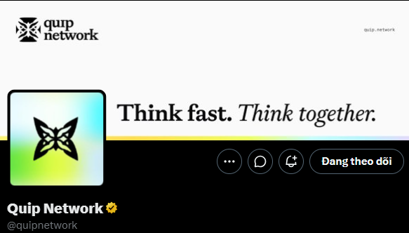 The image is a social media profile header for Quip Network (@quipnetwork), featuring a butterfly logo on a neon gradient background with the tagline "Think fast. Think together." This visual branding aligns with the post's perspective on Quip's forward-thinking approach, as the profile's design emphasizes innovation and collaboration—reflecting the project's ambition to pioneer decentralized infrastructure, quantum computing, and post-quantum security rather than chasing current trends.
